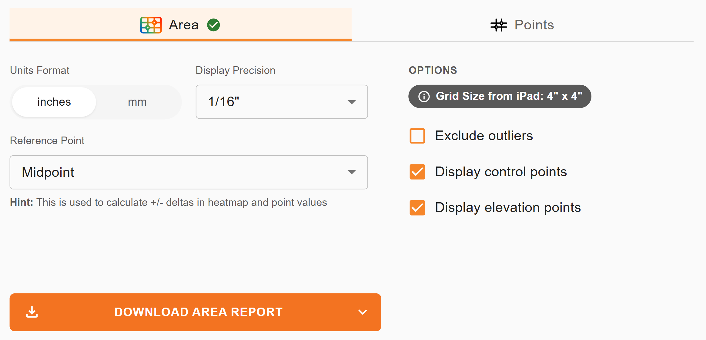 Dusty Portal Area report options with an unchecked Exclude outliers checkbox, plus units, display precision and reference point settings