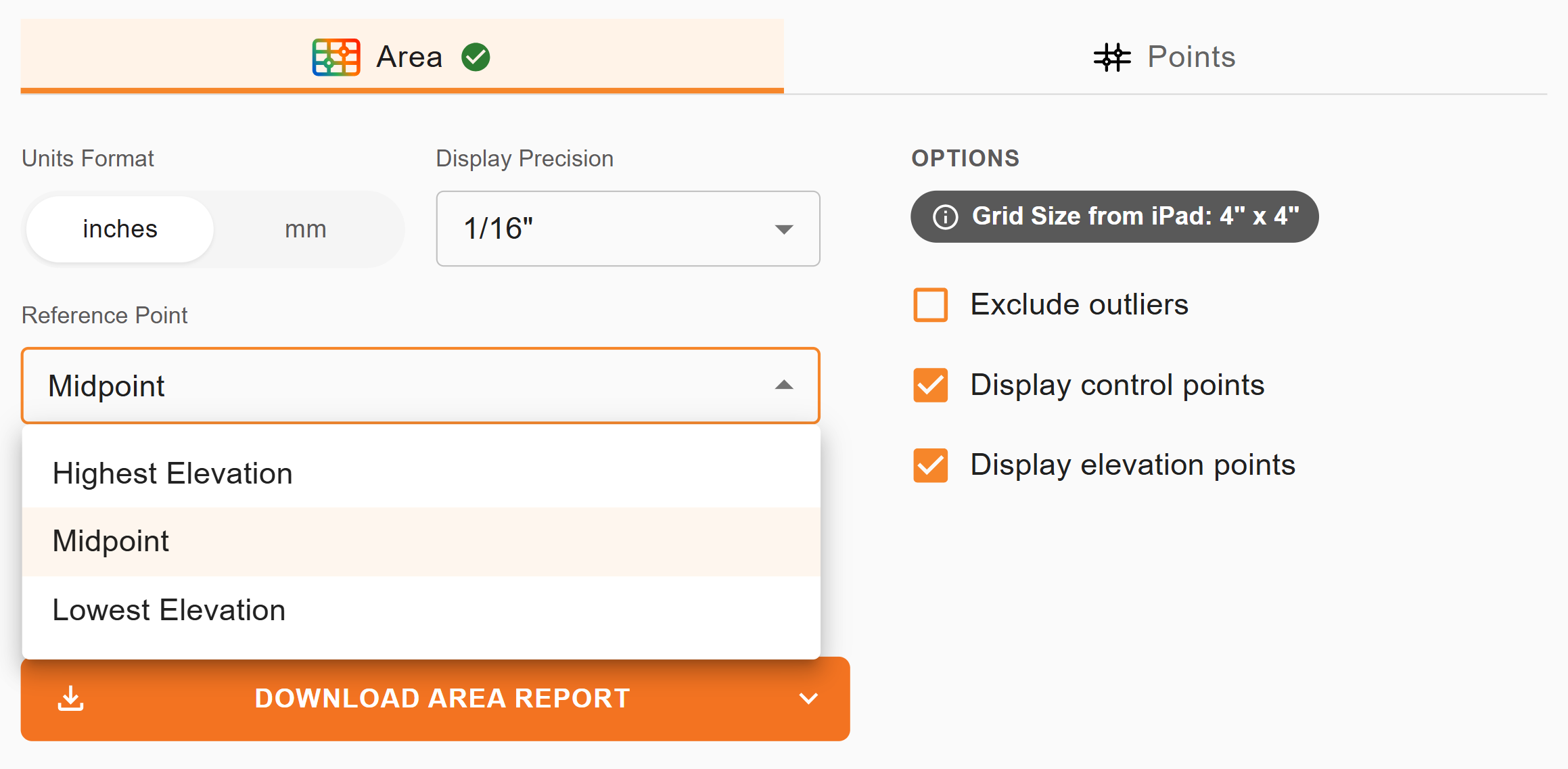Reference Point dropdown in the Dusty Portal Area report options, expanded to show Highest Elevation, Midpoint and Lowest Elevation
