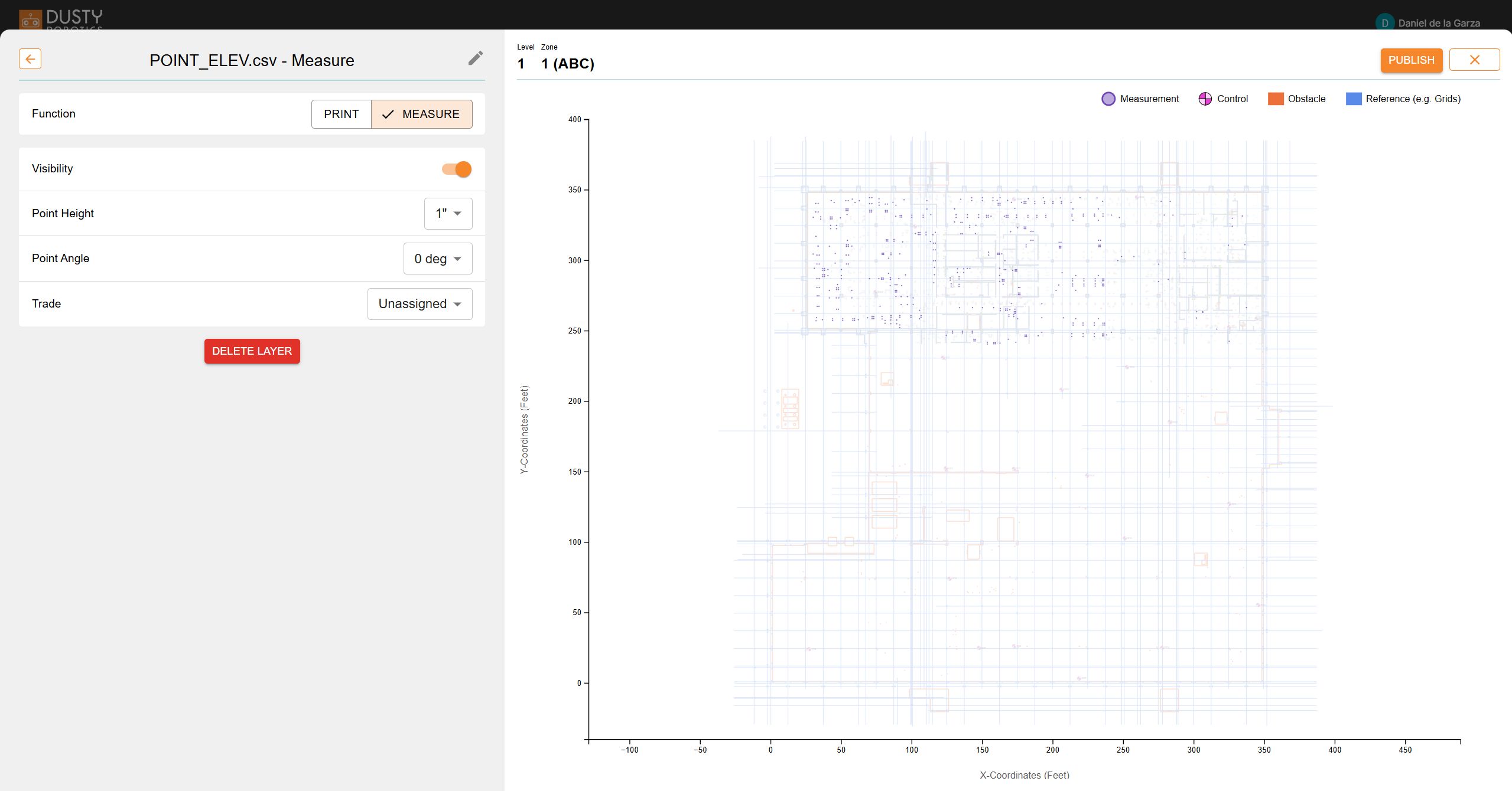 Layer settings panel with the Function toggle switched from Print to Measure.
