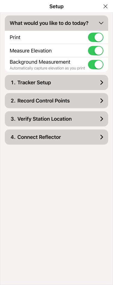 Setup panel Measure Elevation and Background Measurement toggled on.