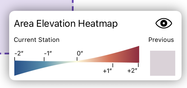 Area Elevation Heatmap legend with the visibility eye toggle and a color scale from -2 to +2 inches