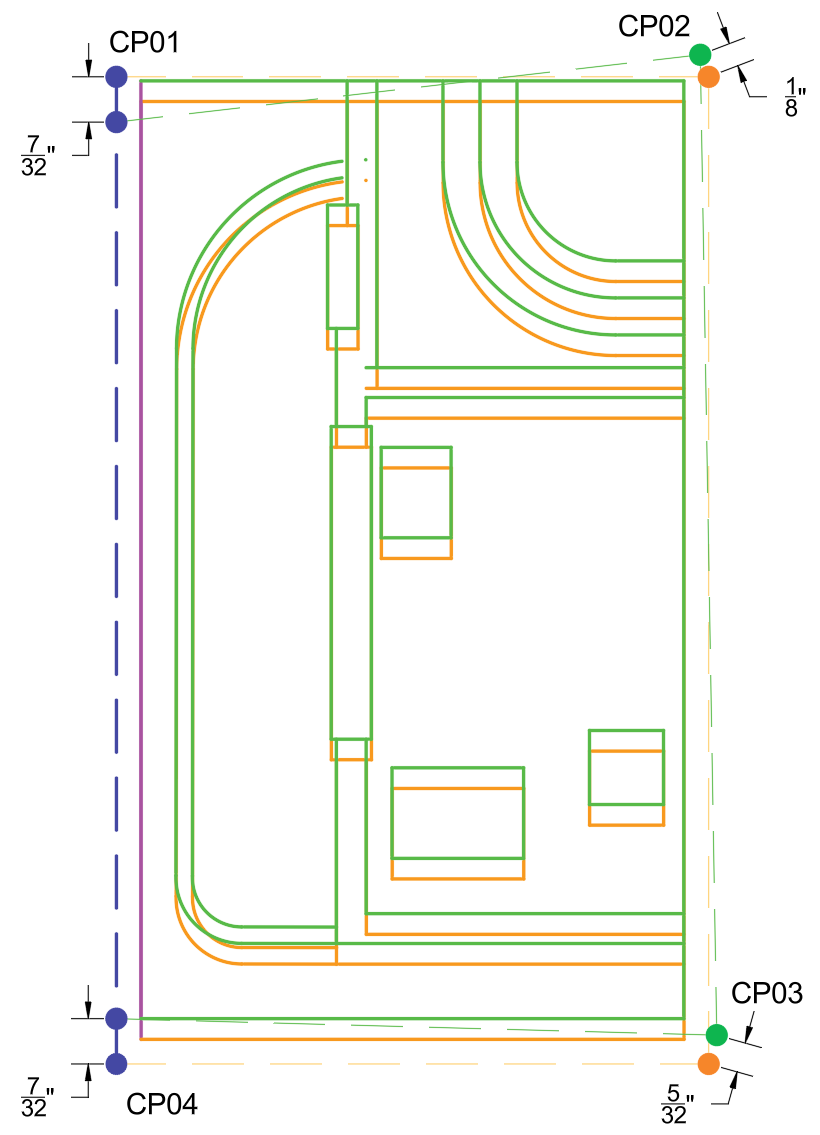 Close-up of the same floor plan showing per-point error callouts at the four control points after anchoring, with the printed layout running slightly long along the wall.