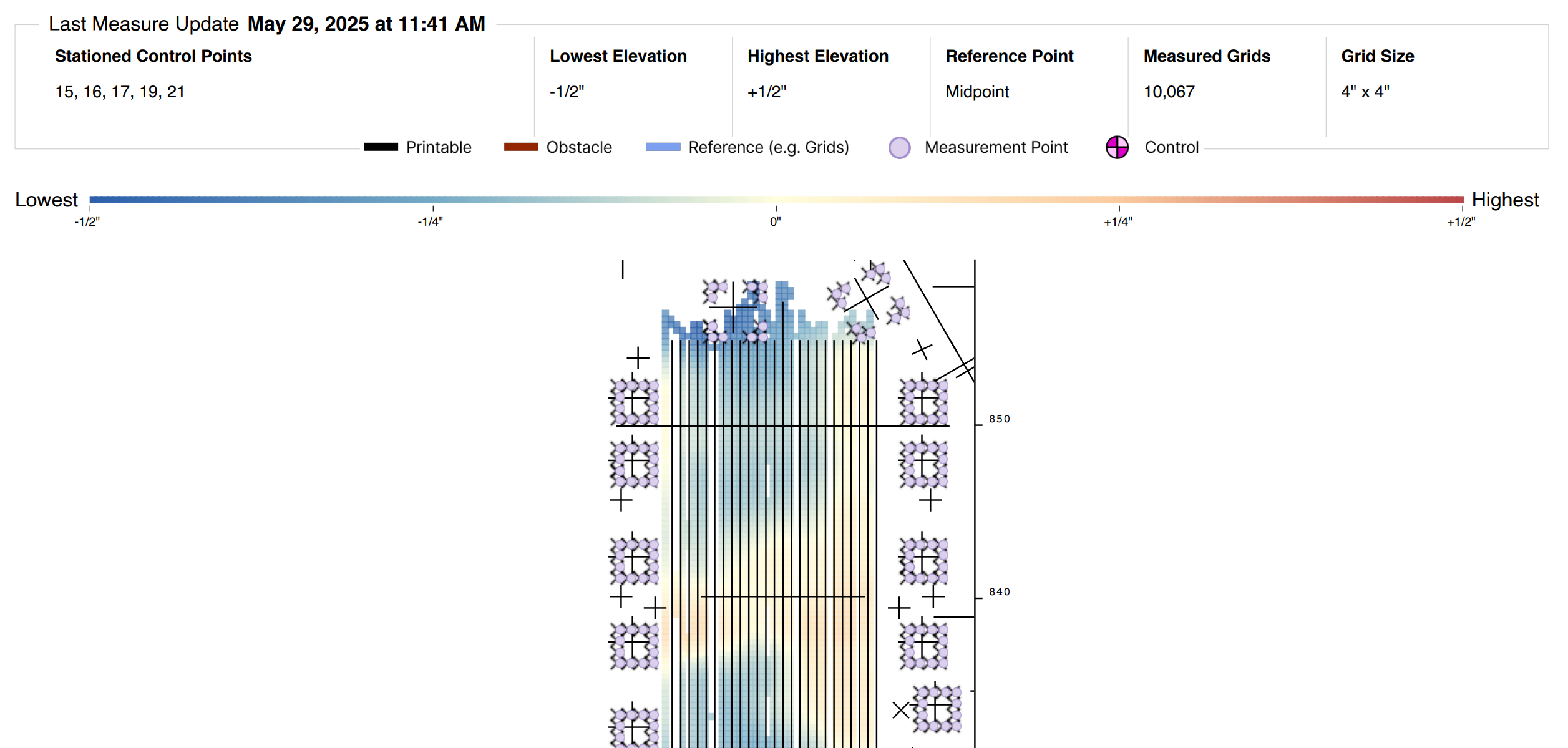 Area Elevation heatmap in Portal, coloring a 4" x 4" measurement grid from blue at the lowest elevation to red at the highest