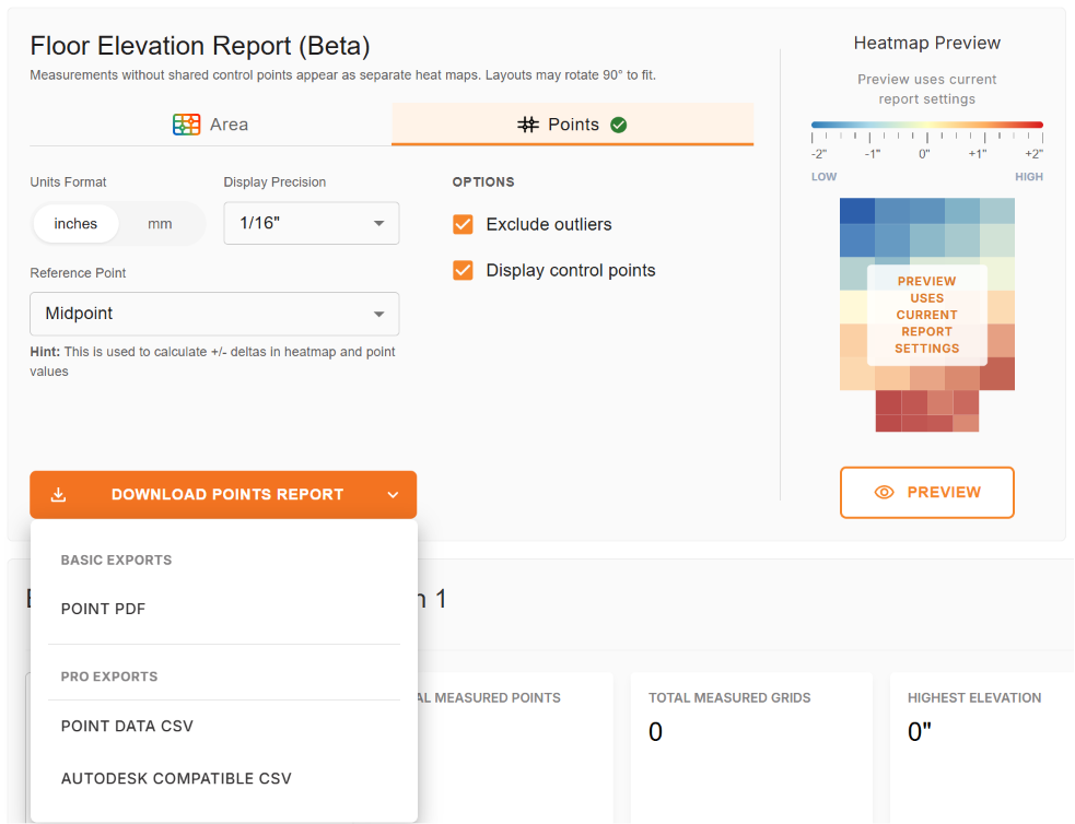 Elevation tab download menu listing Point PDF, Point Data CSV, and Autodesk Compatible CSV export options.