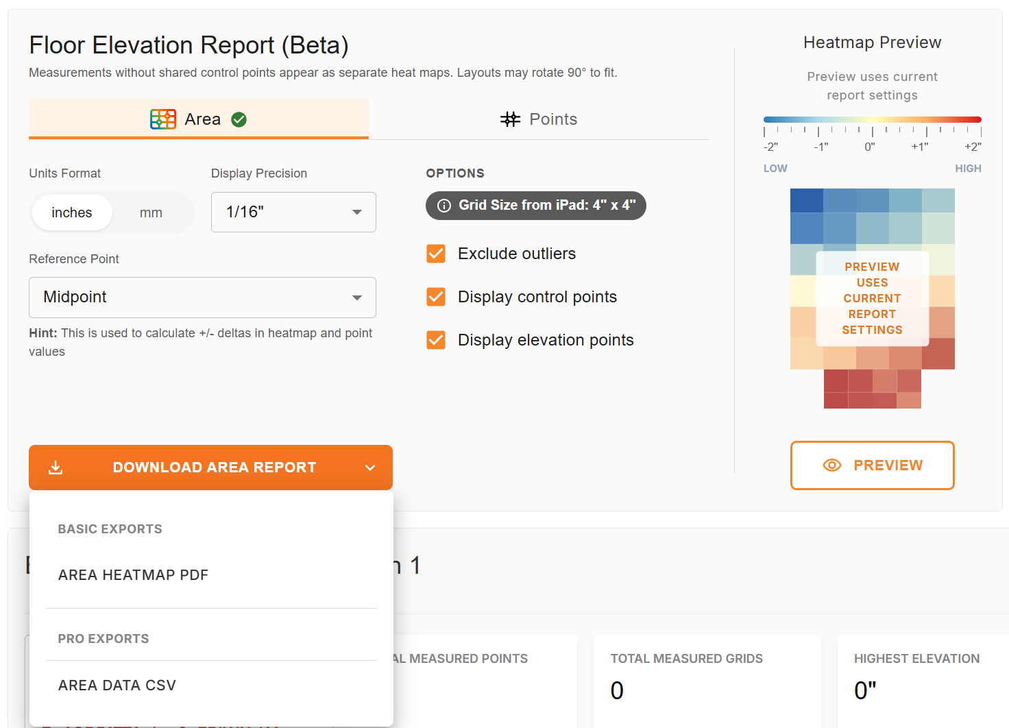 Elevation tab download menu listing Area Heatmap PDF and Area Data CSV export options.