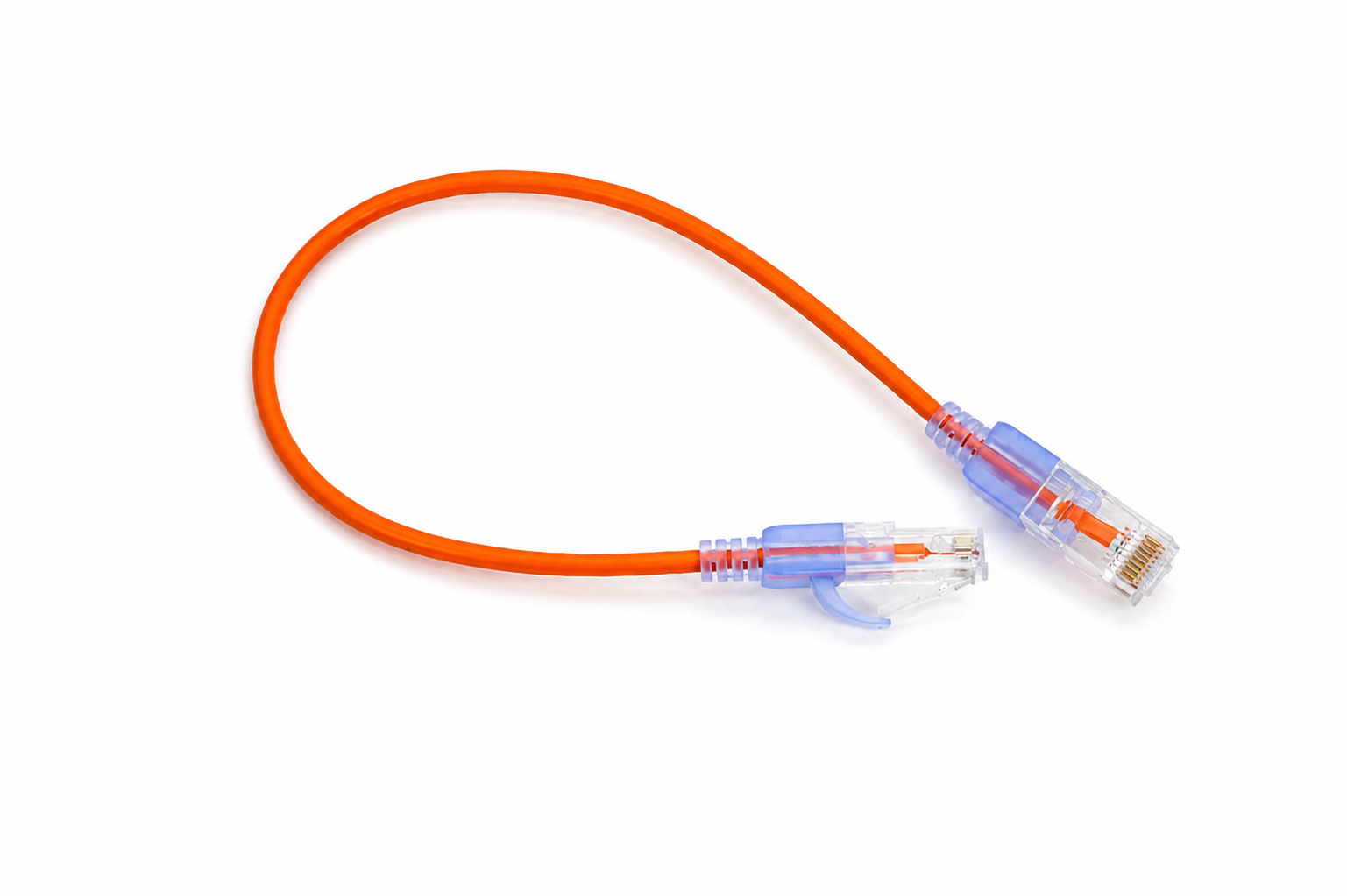 Short orange Ethernet patch cable with clear RJ45 connectors on both ends