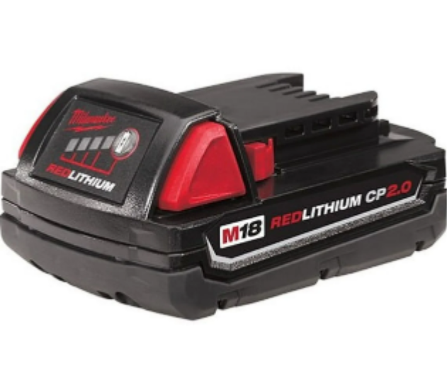 Milwaukee M18 REDLITHIUM CP2.0 compact battery pack, black with red top and fuel gauge