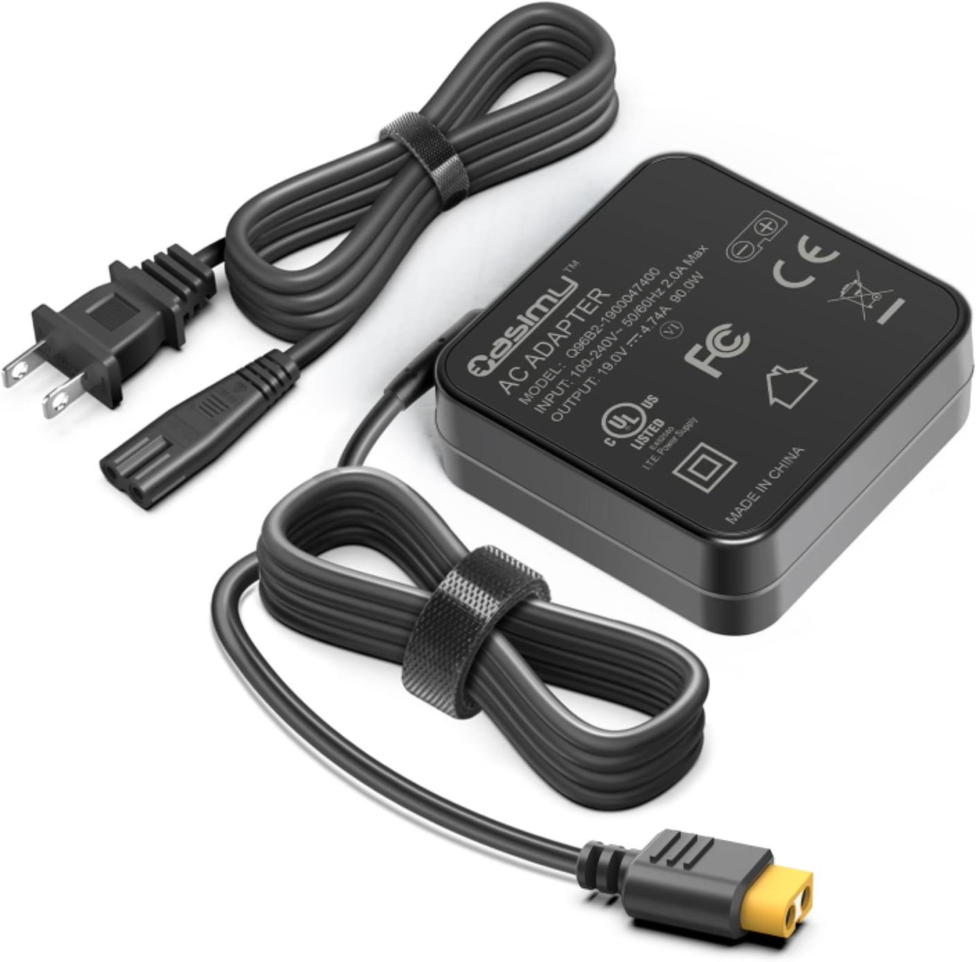 Black AC adapter brick rated 19.0V 4.74A 90W with US plug cord and a yellow XT60-style output connector
