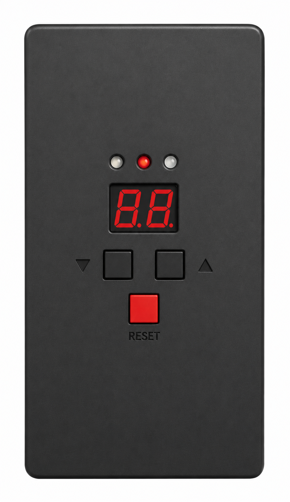 Radio 1 — black rectangular box with three indicator LEDs, red two-digit display, up/down buttons and red RESET button