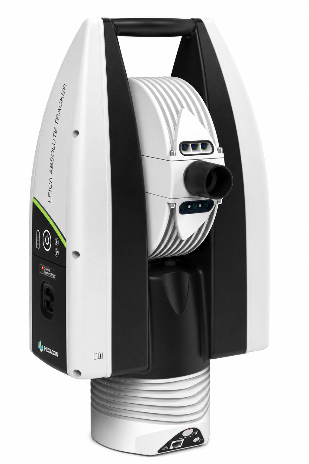 Leica Absolute Tracker, white and black upright laser tracker with Hexagon logo on the base