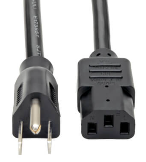 Black AC power extension cord, three-prong US plug on one end and an IEC socket on the other