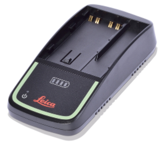 Black Leica desktop battery charger with green-outlined front panel and battery-level indicator
