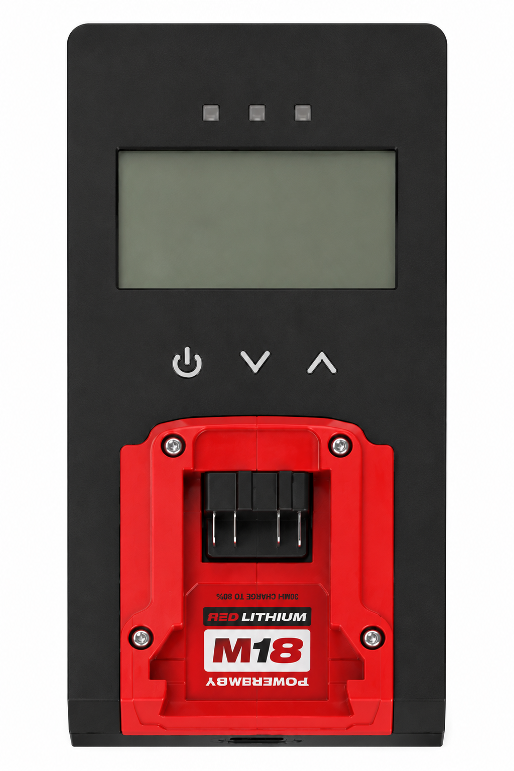 Black handheld radio unit with an LCD screen, power and up/down buttons, and a red Milwaukee M18 battery on the back