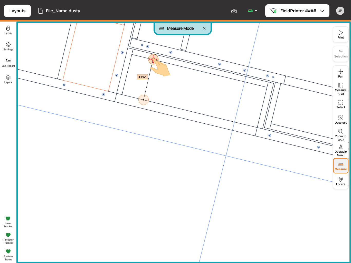 Measurement in progress on the Dusty app canvas: a line between two orange endpoint bubbles and a distance label reading 4' 1/32"..