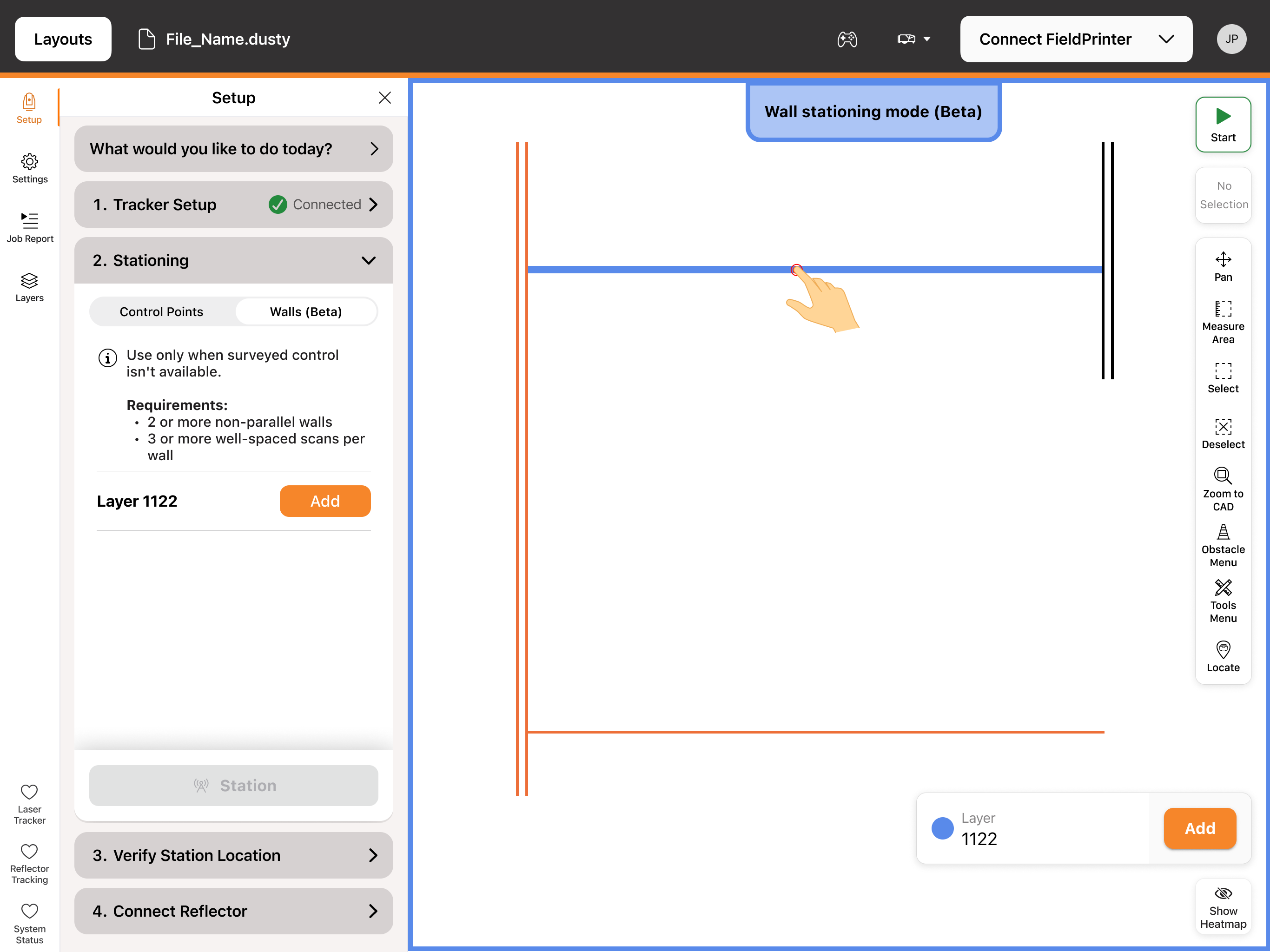 Dusty app with a wall labeled Layer 1122 selected on the layout.