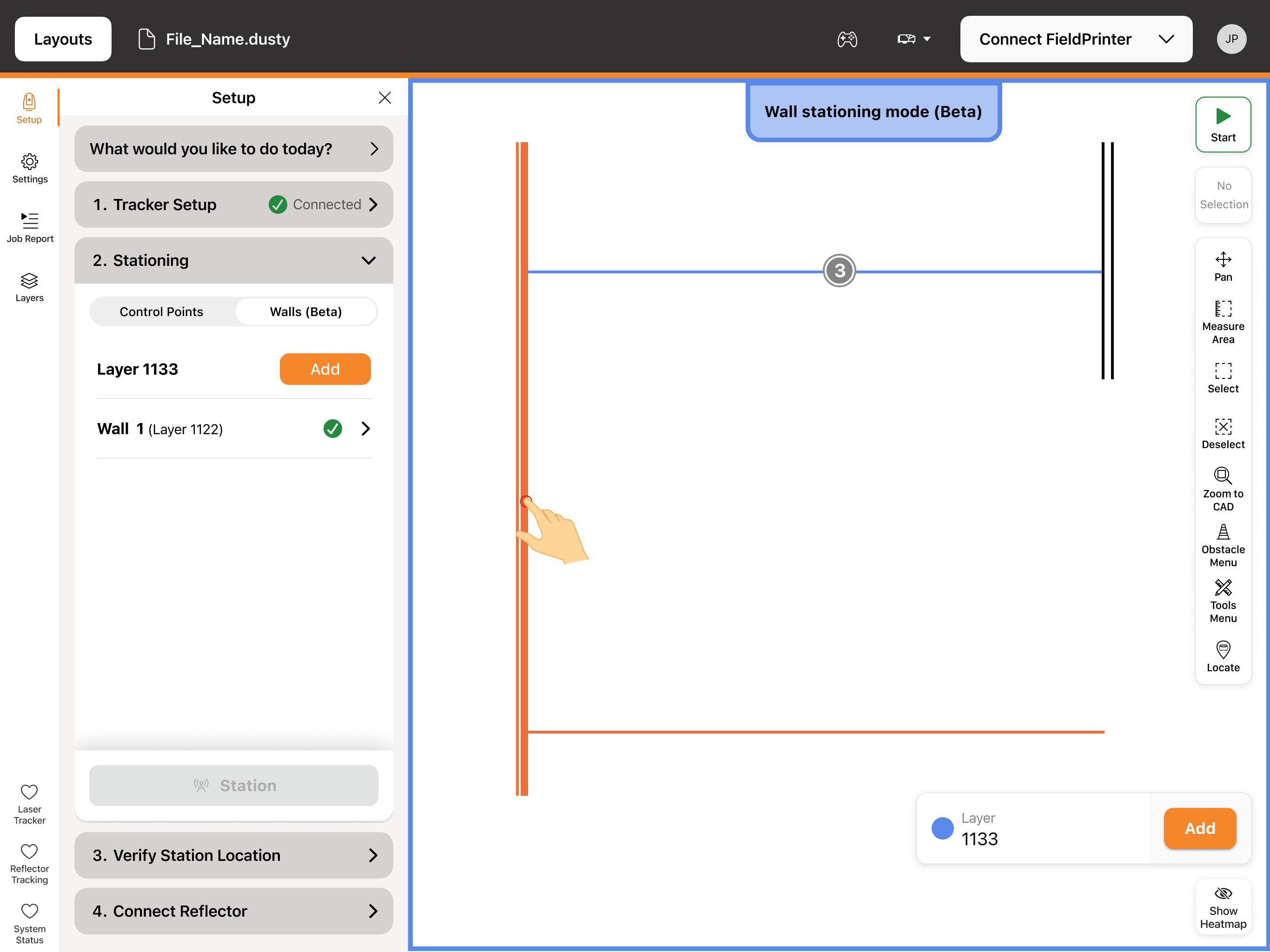 Dusty app with a wall labeled Layer 1133 selected on the layout.
