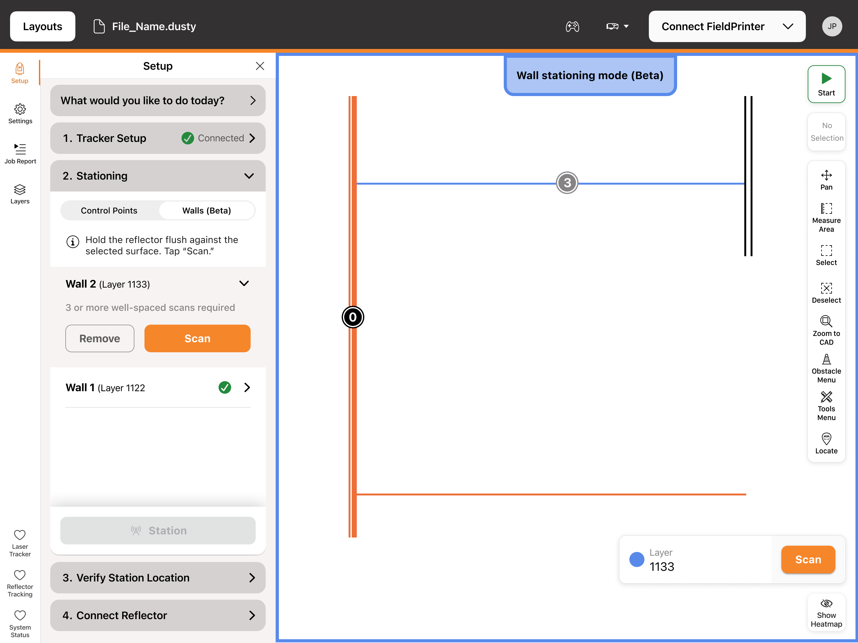 Dusty App showing Wall 1 with a green checkmark and Wall 2 added, prompting for three or more well-spaced scans.