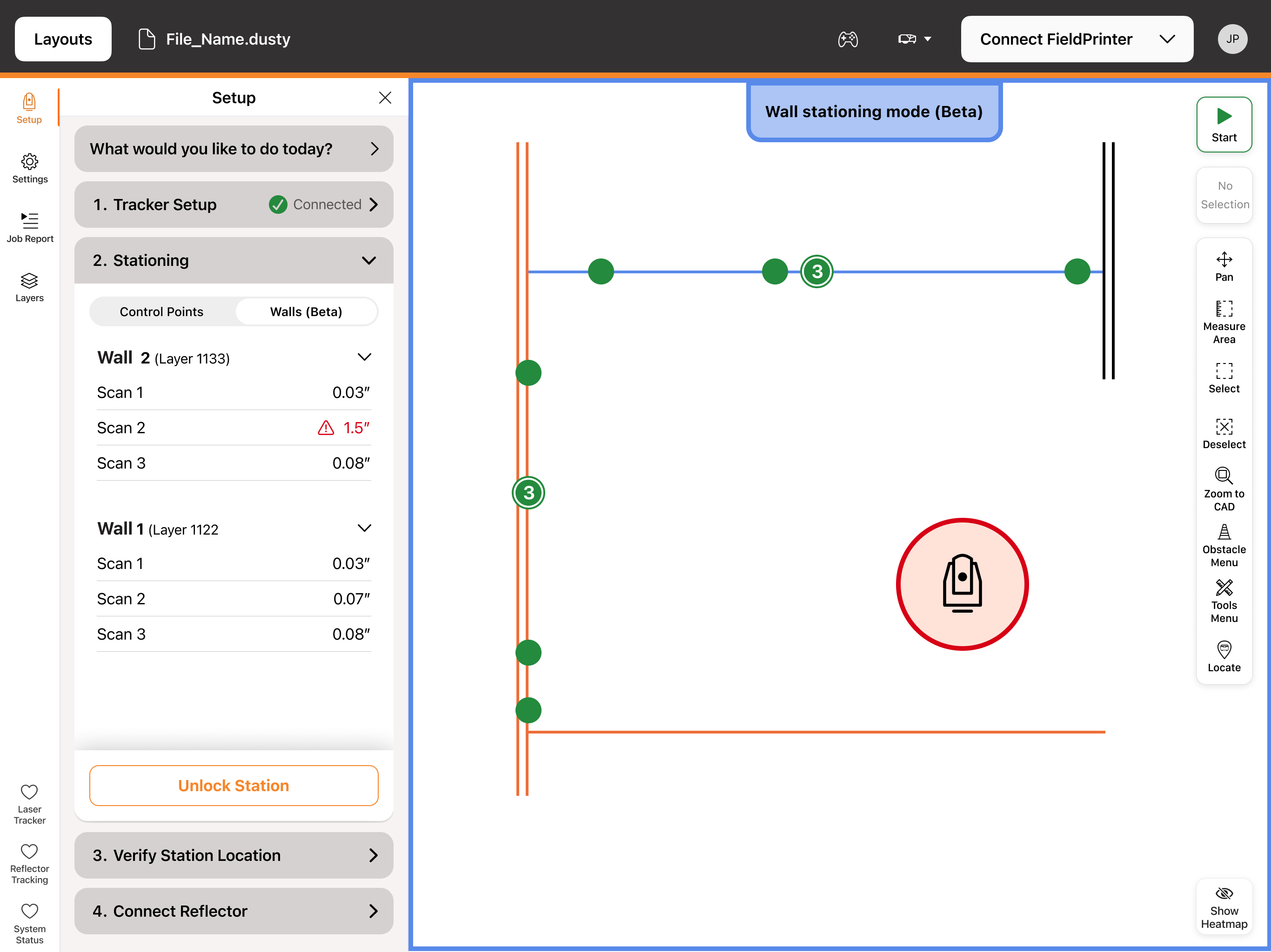 Dusty App stationing results showing Wall 1 and Wall 2 with a difference value for each scan, and the tracker location drawn on the layout.
