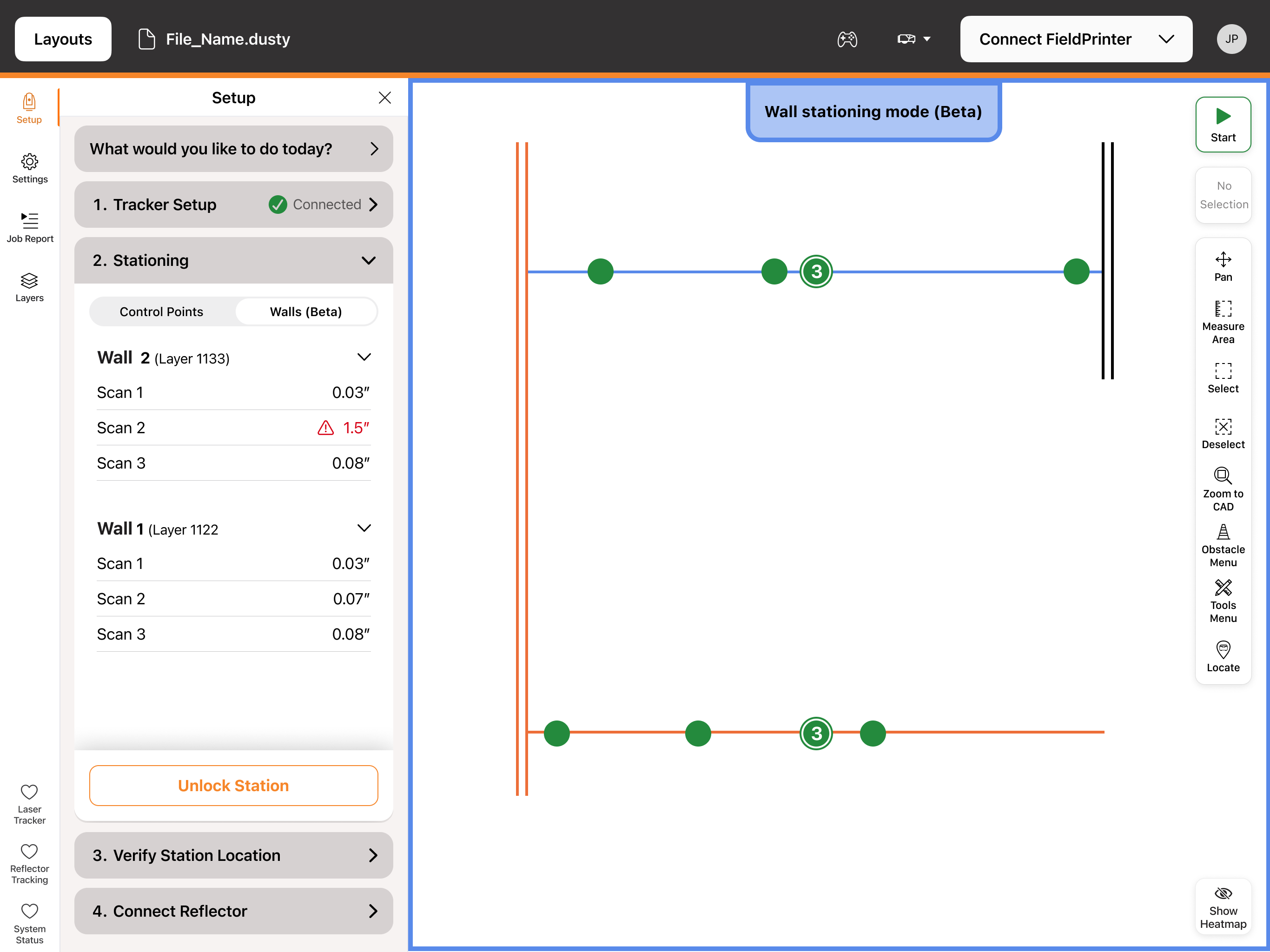 Two parallel scanned walls with undefined tracker position.