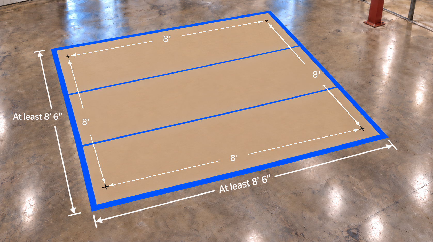 Virtual training surface with an area of at least 8 ft 6 in by 8 ft 6 in and control points marked as the corners of a 8 ft by 8 ft square.