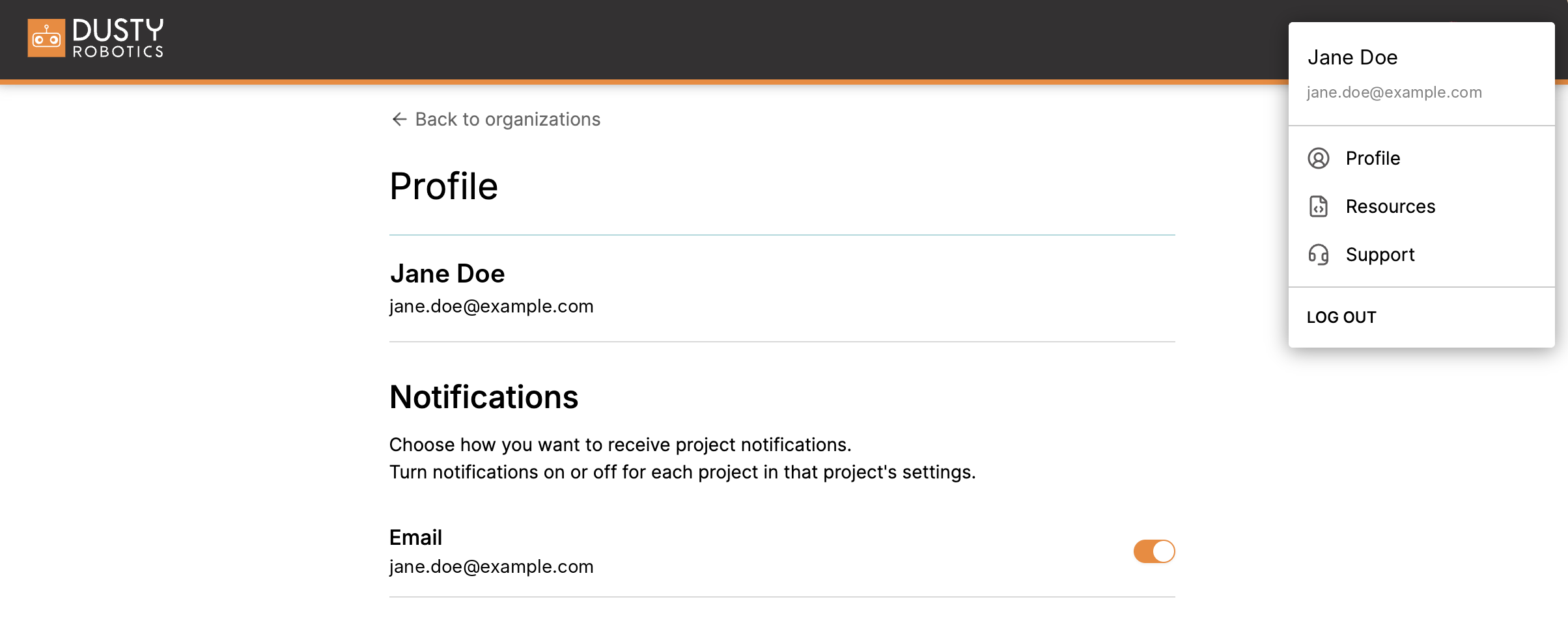Portal Profile page for Jane Doe with the account menu open in the top right, showing Profile, Resources, Support, and Log Out. The Notifications section has an Email switch turned on next to jane.doe@example.com.