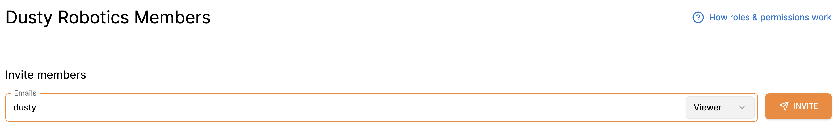 Organization Members page with an email typed into the Invite members box, the role dropdown set to Viewer at the right end of the box, and the Invite button next to it.