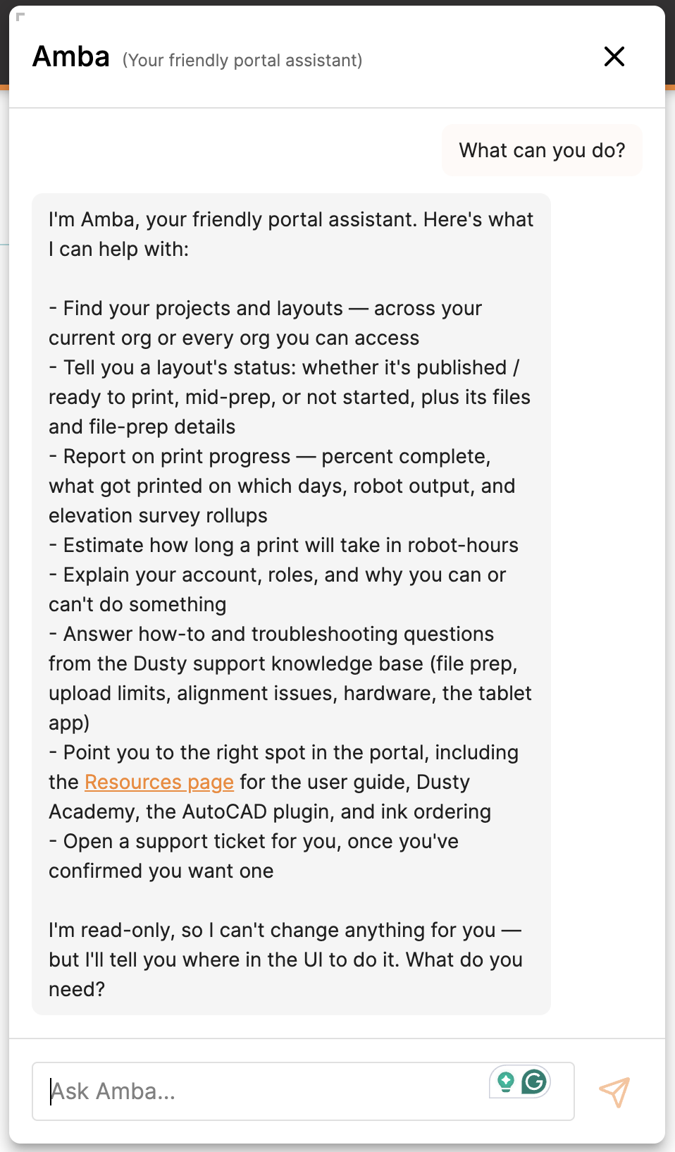 Amba chat panel in Portal answering 'What can you do?' with a list of capabilities, including finding projects and layouts, layout status, print progress, how-to help from the Dusty support knowledge base, and opening a support ticket.