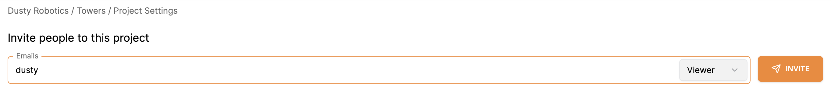 Project Settings page with an email typed into the Invite people to this project box, the role dropdown set to Viewer at the right end of the box, and the Invite button next to it.