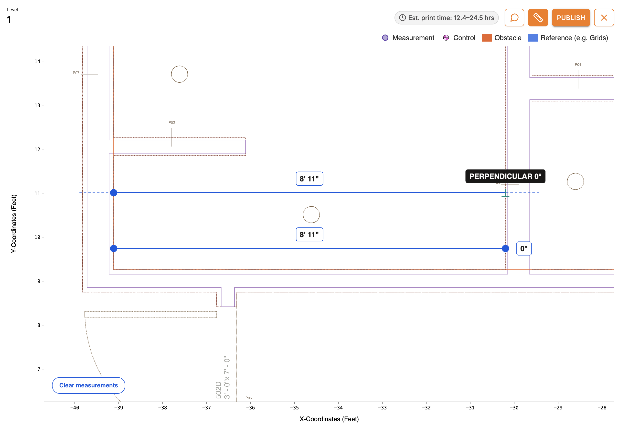 File Prep canvas with the Measure Tool button selected next to Publish. Two horizontal blue measurements between walls each read 8 feet 11 inches; one shows a 0° angle label and the other a Perpendicular 0° snap tooltip. A Clear measurements button sits in the lower left.